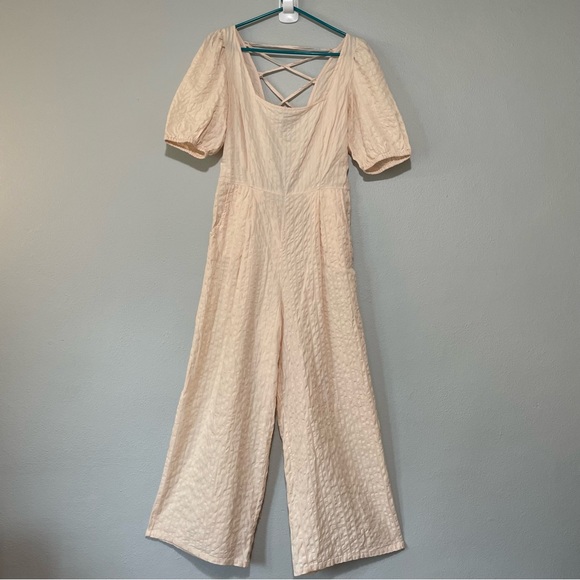 ASOS DESIGN Seersucker Lace Up Back Jumpsuit In Blush - Picture 2 of 14